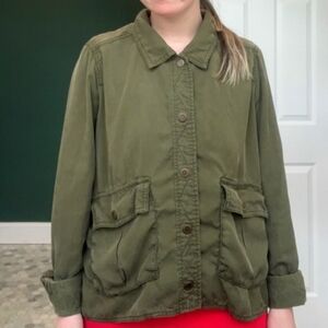 Free People Utility Hooded Jacket Sz Large L Army Green Lightweight Lyocell
